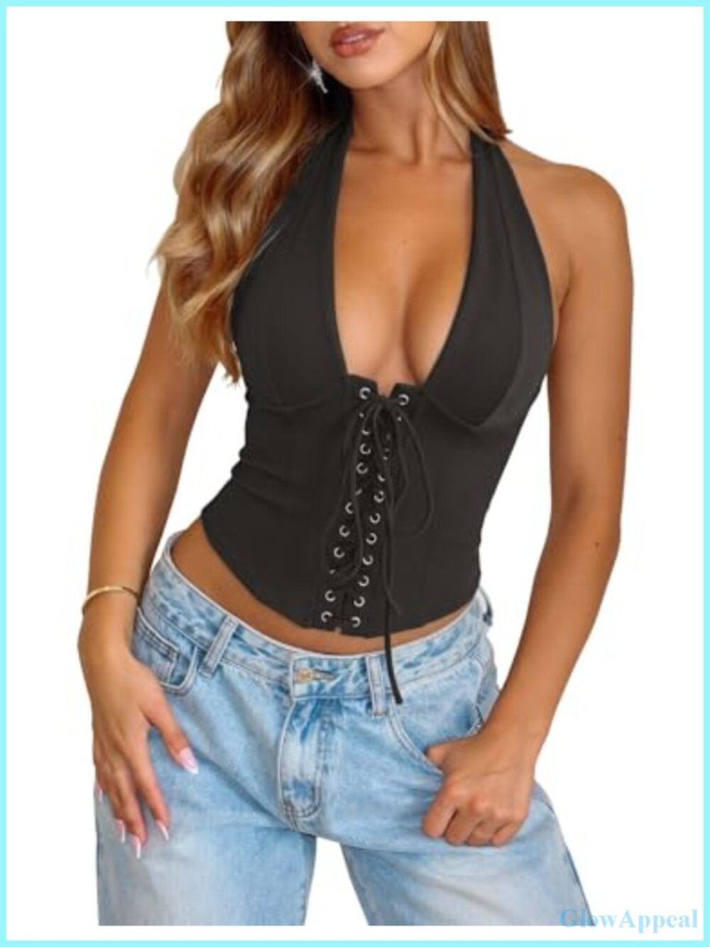 Halter Tank Top Lace-Up Corset Crop Top Polyester Spandex Party